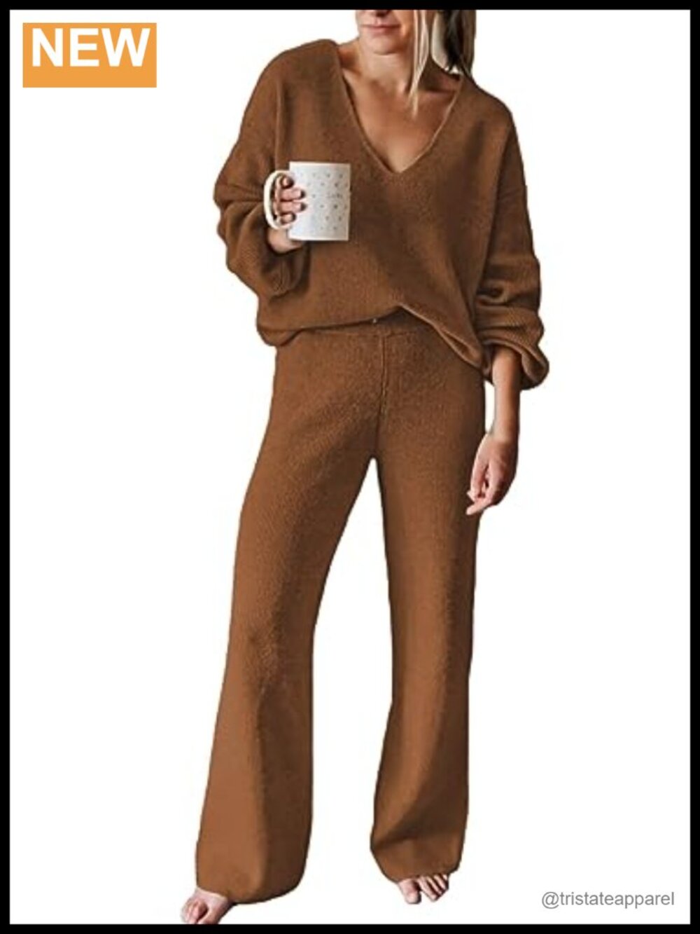 2 Piece Knit Sweater and Wide Leg Pant Set Long Sleeve V Neck Pullover